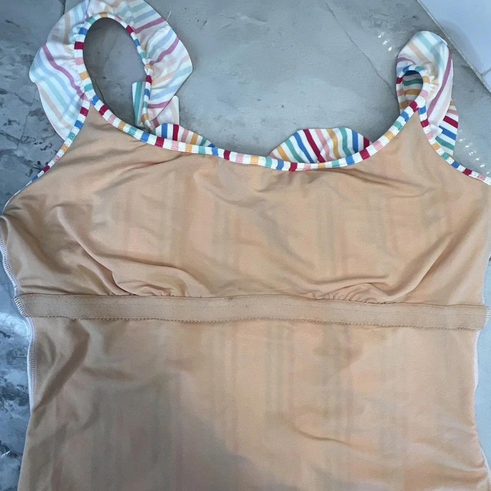 J.Crew One Piece Bathing Suit  Ruffle Trim Color Stripes Unpadded Sz L
